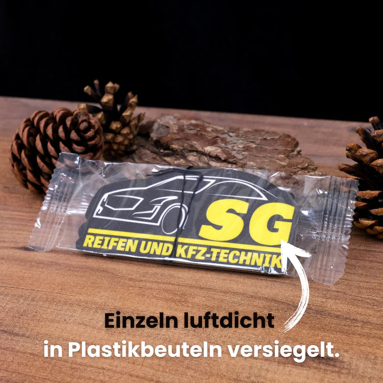Duftbaum mit SG-Firmenlogo, einzeln luftdicht in einem transparenten Beutel versiegelt